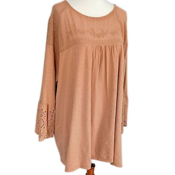 Sonoma Mesh Embroidered Top 3X Eyelet Camel Color Jersey Knit Boho Chic Western. - Picture 3 of 16
